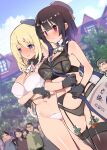  2girls atago_(kancolle) bag bangs beret black_bra black_gloves black_hair black_legwear black_panties blonde_hair blue_eyes blush bra breasts caburi cleavage day eyebrows_visible_through_hair garter_belt garter_straps gloves hat highres kantai_collection large_breasts long_hair multiple_girls navel open_mouth outdoors panties red_eyes short_hair sidelocks takao_(kancolle) thighhighs underwear white_bra white_panties 