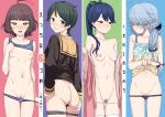  4girls ahoge ass bangs black_hair black_ribbon blue_eyes blue_hair blue_panties blunt_bangs blush bottomless bow breasts closed_mouth clothes_lift cover cover_page doujin_cover eyebrows_visible_through_hair female_pubic_hair green_bow grin hair_bow hair_over_eyes hair_ribbon hamanami_(kancolle) houshou_(kancolle) kantai_collection kishinami_(kancolle) kumadano long_hair long_sleeves looking_at_viewer mogami_(kancolle) multiple_girls nipples off_shoulder open_clothes panties panty_pull parted_lips pubic_hair purple_panties remodel_(kantai_collection) ribbon sailor_collar school_uniform serafuku shirt_lift short_hair simple_background skindentation small_breasts smile sweat tank_top thighhighs underwear white_legwear white_panties yellow_eyes 