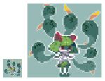  1girl alpha_transparency bangs blue_background border closed_eyes closed_mouth colored_skin commentary flat_chest full_body ghost green_hair green_skin gulpin hair_between_eyes kirlia lowres multicolored_skin multiple_views no_mouth o3o outline oyama_yoihaya pixel_art pokemon pokemon_(creature) red_eyes short_hair sidelocks simple_background standing transparent_border two-tone_skin white_outline white_skin 