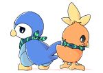 ambiguous_gender blue_body blue_eyes clothing duo feral green_scarf grey_eyes hi_res looking_back_at_another nintendo orange_body pattern_clothing pattern_scarf piplup pok&eacute;mon pok&eacute;mon_(species) scarf torchic video_games ちゃば 
