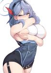  1girl absurdres ako_(blue_archive) armpits bangs bare_arms bare_shoulders belt blue_archive blue_eyes blue_hair blue_leotard blush breasts brown_belt covered_navel earrings garter_straps hair_between_eyes hair_ribbon hairband halo highres huge_breasts jewelry leotard long_hair looking_at_viewer multicolored_hair mung_(larnec) nose_blush presenting_armpit ribbon sideboob simple_background solo streaked_hair stud_earrings tearing_up underboob white_background 
