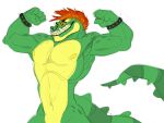  alligator alligatorid anthro biceps cocky_smile crocodilian eyewear facial_piercing five_nights_at_freddy&#039;s five_nights_at_freddy&#039;s:_security_breach flexing glasses green_body hair hi_res male mohawk monnsty montgomery_gator_(fnaf) muscular nose_piercing nose_ring piercing reptile scalie scottgames solo spots teeth video_games 