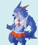 4_fingers anthro biceps blue_body blue_fur bottomwear canid canine canis claws clothed clothing digital_media_(artwork) ear_piercing ear_ring fangs fingers fleshformomo fur hi_res league_of_legends lifeguard lifeguard_swimsuit male mammal muscular muscular_anthro muscular_male open_mouth piercing red_eyes red_sclera riot_games sharp_claws sharp_teeth shirt shorts simple_background smile solo tank_top teeth topwear torn_clothing video_games warwick_(lol) were werecanid werecanine werewolf whisker_spots whistle wolf 