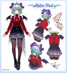  1girl :p absurdres bangs black_footwear black_skirt boots brown_legwear bsapricot bsapricot_(vtuber) candy_cane_hair_ornament commentary demon_horns demon_wings earrings english_commentary food-themed_hair_ornament green_hair hair_ornament highres horns jewelry long_hair looking_at_viewer multiple_horns multiple_views pantyhose pointy_ears red_sweater sidelocks silver_hair skirt suspender_skirt suspenders sweater thigh_strap tiara tongue tongue_out turtleneck turtleneck_sweater two_side_up virtual_youtuber vshojo wings x_hair_ornament 