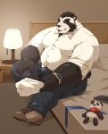  2021 absurd_res anthro bed black_body black_nose bottomwear bulge clothing furniture giant_panda hi_res humanoid_hands jumperbear kemono male mammal overweight overweight_male pants pillow plushie shirt sitting solo topwear ursid white_body 