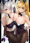  2girls animal_ears azur_lane azur_lane:_slow_ahead bangs bare_arms bare_shoulders black_bow black_bowtie black_gloves black_legwear black_leotard black_necktie blonde_hair blue_eyes bow bowtie breast_press breasts cleavage collarbone covered_navel detached_collar elbow_gloves gloves hand_on_hip highres large_breasts leotard long_hair looking_at_viewer multiple_girls navel necktie north_carolina_(azur_lane) pantyhose playboy_bunny rabbit_ears short_hair signo_aaa silver_hair smile washington_(azur_lane) wrist_cuffs 