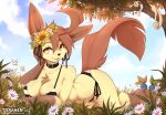  1girl artist_name bikini black_bikini blush breasts brown_eyes brown_hair character_request cleavage closed_mouth day eyebrows_visible_through_hair flower furry furry_female large_breasts leafeon looking_at_viewer multicolored_bikini multicolored_clothes outdoors pokemon pokemon_(creature) short_hair smile striped striped_bikini swimsuit teranen tongue tongue_out white_bikini 