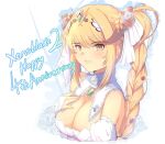  alternate_costume alternate_hairstyle bangs blonde_hair breasts cat_with_a_brush chest_jewel cleavage dress hand_on_own_chest large_breasts long_hair mythra_(xenoblade) side_ponytail simple_background solo swept_bangs tiara upper_body very_long_hair white_background white_dress xenoblade_chronicles_(series) xenoblade_chronicles_2 yellow_eyes 