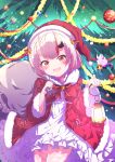  1girl :d absurdres blush christmas christmas_tree coat cowboy_shot dress fang fumi_(fumibeing) fur-trimmed_coat fur_trim hat highres holding holding_lantern hololive horns lantern long_hair multicolored_hair nakiri_ayame oni oni_horns open_mouth red_eyes red_hair revealing_clothes sack santa_costume santa_hat shiranui_(nakiri_ayame) silver_hair skin-covered_horns skin_fang smile solo streaked_hair v-shaped_eyebrows virtual_youtuber white_dress 