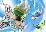  2girls antennae aqua_hair bad_id bad_pixiv_id barefoot blue_dress blue_eyes blue_hair butterfly_wings celebi cirno closed_mouth constricted_pupils crossover crying crying_with_eyes_open dress eternity_larva eyebrows_visible_through_hair fairy floating_hair green_dress hair_between_eyes ice ice_wings inora leaf leaf_on_head multicolored_clothes multicolored_dress multiple_girls open_mouth pokemon pokemon_(creature) puffy_short_sleeves puffy_sleeves shirt short_hair short_sleeves single_strap smile tears third-party_source tongue tongue_out touhou upside-down white_shirt wings yellow_eyes 