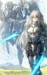  1girl armor armored_boots arms_at_sides boots breastplate cloud cloudy_sky commentary_request energy_sword expressionless fantasy faulds flying gauntlets grasslands grey_hair holding holding_sword holding_weapon kazunari_(prawn10231) knight long_hair mecha mountain original plate_armor science_fiction shoulder_armor sky solo sword very_long_hair weapon wind wind_lift yellow_eyes 