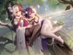  2girls ass azur_lane bare_shoulders black_legwear chao_ho_(azur_lane) chinese_clothes dress feet gold_hairband gold_trim hair_cones hair_horns in_tree long_hair looking_at_viewer multicolored_hair multiple_girls no_shoes pantyhose print_sleeves purple_dress purple_eyes purple_hair sarena silver_hair sitting sitting_in_tree soles stepped_on thighhighs tree two-tone_hair white_legwear ying_swei_(azur_lane) 