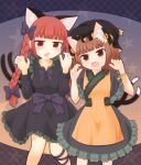  2girls animal_ear_fluff animal_ears bangs blunt_bangs brown_hair cat_ears chen claw_pose dress fang feet_out_of_frame gao halloween hands_up hat hidanomura highres kaenbyou_rin light_blush looking_at_viewer mob_cap multiple_girls multiple_tails nekomata red_hair tail touhou two_tails 