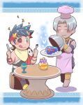  2boys :q apron astraea_f black_hair black_sclera blush_stickers bug butterfly chef_hat chibi closed_eyes colored_sclera commentary fork goblet greek_clothes green_eyes hades_(game) hat heart heterochromia knife laurel_crown male_focus mismatched_sclera multiple_boys plate red_eyes silver_hair sitting smile table thanatos_(hades) tongue tongue_out zagreus_(hades) 