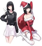  1girl :d absurdres arm_up bangs bare_shoulders black_hair black_sweater blunt_bangs bra_strap breasts brown_eyes closed_mouth collarbone cropped_legs dress elbow_gloves eyebrows_visible_through_hair facial_mark garter_straps gloves grin hand_on_hip highres holding holding_sack korean_text looking_at_viewer mac_star medium_breasts medium_skirt multiple_views no_shoes off-shoulder_dress off_shoulder original parted_lips pleated_skirt red_dress red_gloves sack santa_costume santa_dress short_hair simple_background sitting skirt smile speech_bubble star_(symbol) sweater teeth thighhighs torn_sweater translation_request white_background white_legwear white_skirt 