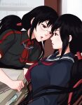 2girls black_hair blood-c blush book breasts classroom desk glasses highres imminent_kiss indoors kisaragi_saya large_breasts long_hair looking_at_another multiple_girls open_mouth ponytail school_uniform sexy_squid shiny shiny_hair twintails upper_body yuri 
