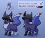  absurd_res all_fours amazinky blue_body blue_fur boots character_name clothing eeveelution english_text feral footwear french_flag fur hat headgear headwear hi_res male model_sheet nintendo pok&eacute;mon smug solo text video_games white_body white_fur 