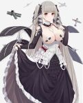  1girl absurdres aircraft airplane areola_slip areolae azur_lane bandaid bandaids_on_nipples bare_shoulders between_breasts biplane black_dress black_nails breasts breasts_outside clothes_lift clothing_cutout dress dress_lift flight_deck formidable_(azur_lane) frilled_dress frills gothic_lolita grey_hair highres kuyoumi large_breasts lolita_fashion long_hair looking_at_viewer pasties red_eyes ribbon shoulder_cutout simple_background skirt_hold solo swordfish_(airplane) twintails two-tone_dress two-tone_ribbon very_long_hair white_background white_dress 