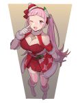  1girl alternate_costume bare_shoulders blush boots breasts christmas cleavage_cutout clothing_cutout do_m_kaeru dress finger_to_mouth fire_emblem fire_emblem:_three_houses fire_emblem_heroes flower full_moon fur-trimmed_boots fur-trimmed_gloves fur-trimmed_sleeves fur_collar fur_trim gloves hair_flower hair_ornament hat hilda_valentine_goneril index_finger_raised large_breasts leotard long_hair looking_at_viewer looking_up moon official_alternate_costume one_eye_closed open_clothes pink_eyes pink_hair pink_leotard red_dress red_headwear rose santa_costume santa_hat shoulder_cutout smile solo striped striped_legwear thighhighs tongue twintails very_long_hair white_flower white_footwear white_gloves white_rose 