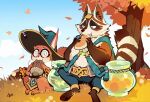  2021 afk_arena anthro autumn bread brown_body brown_fur clothing detailed_background duo eating eyes_closed eyewear food fur glasses hat headgear headwear hi_res kemono mammal okn_369 outside overweight pippa_(afk_arena) plant procyonid raccoon raku_(afk_arena) sitting tree 