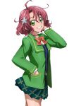  ahoge bow bowtie green_eyes green_skirt green_suit hair_ornament hand_in_pocket hand_on_own_cheek hand_on_own_face ichikawa_yoshiyuki kawamura_toshie red_hair sakata_ririko skirt smile 