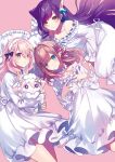  3girls :3 animal_ears bangs blue_eyes blue_ribbon blush bow breasts brown_eyes brown_hair cleavage closed_mouth collar dot_nose dress dutch_angle extra_ears eyebrows_visible_through_hair fensi frilled_collar frilled_dress frilled_pillow frills hair_between_eyes hair_bow hair_ornament hair_ribbon highres kamishiro_kurea large_breasts long_hair long_sleeves looking_at_viewer lying medium_hair multiple_girls nijisanji on_back on_side parted_lips pillow pink_background pink_hair purple_bow purple_eyes purple_hair purple_ribbon ribbon saine sephira_su sidelocks simple_background smile striped striped_bow suzuhara_lulu swept_bangs very_long_hair virtual_youtuber white_bow white_collar white_dress x_hair_ornament 