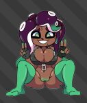  big_breasts black_hair bottomless breasts brown_body brown_skin cephalopod cleavage clothed clothing female fingerless_gloves footwear genitals gesture gloves green_eyes green_genitals green_pussy grey_background hair handwear hi_res horaco humanoid legwear looking_at_viewer marina_(splatoon) marine mollusk navel navel_piercing nintendo octarian octoling partially_clothed pattern_background piercing pseudo_hair pussy shirt simple_background smile smiling_at_viewer socks solo splatoon striped_background tank_top tentacle_hair tentacles thick_thighs thigh_highs thigh_socks topwear underass v_sign video_games 