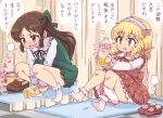  2girls 4040_(abonriya) blonde_hair bow brown_eyes brown_hair dress green_dress green_eyes hair_bow hairband idolmaster idolmaster_cinderella_girls long_hair multiple_girls panties panties_around_one_leg pee peeing peeing_in_bottle red_dress sakurai_momoka short_hair socks squatting steam tachibana_arisu translation_request underwear urinal_bottle 