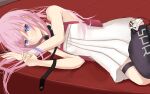  1girl bangs black_legwear blue_eyes breasts closed_mouth dress eyebrows_visible_through_hair girls&#039;_frontline highres koenza_botoke long_hair looking_at_viewer lying on_side pink_hair simple_background single_thighhigh small_breasts solo st_ar-15_(girls&#039;_frontline) thighhighs white_dress 