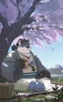  2021 absurd_res anthro asian_clothing black_nose blue_body blush canid canine clothing detailed_background east_asian_clothing eyes_closed eyewear glasses hi_res humanoid_hands huynhduyad14 japanese_clothing kemono male mammal outside overweight overweight_male sitting solo white_body 