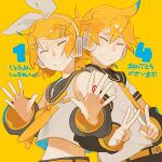  1boy 1girl ahoge back-to-back bangs belt belt_buckle black_sailor_collar black_sleeves blue_hair bow buckle closed_eyes colored_tips commentary detached_sleeves double_v english_commentary glider_(artist) grin hair_bow headphones kagamine_len kagamine_rin midriff neckerchief necktie sailor_collar shirt simple_background smile translation_request upper_body v vocaloid waving white_bow white_shirt yellow_background yellow_belt yellow_neckerchief yellow_necktie 
