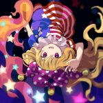  1girl american_flag_dress american_flag_legwear black_background blonde_hair clownpiece fire hand_up hat holding holding_torch jester_cap kaigen_1025 long_hair looking_at_viewer neck_ruff open_mouth polka_dot_headwear purple_eyes purple_headwear short_sleeves smile solo star_(symbol) torch touhou upside-down 