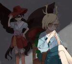  2girls antlers bandana black_hair black_wings blonde_hair blue_shirt boots brown_footwear brown_headwear brown_skirt closed_mouth cowboy_hat dragon_horns hat horns horse_tail kaigen_1025 kicchou_yachie kurokoma_saki long_hair multiple_girls pegasus_wings shirt short_hair short_sleeves sitting skirt sunglasses tail touhou turtle_shell white_bandana wings 