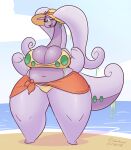  2018 absurd_res anthro anthrofied beach big_breasts bikini bodily_fluids breasts clothed clothing cloud cobatsart curvy_figure digital_media_(artwork) dragon drooling female goober_(cobat) goodra gooey half-closed_eyes hi_res huge_breasts looking_at_viewer narrowed_eyes navel nintendo open_mouth outside pok&eacute;mon pok&eacute;mon_(species) saliva sand seaside sky smile solo standing sun_hat swimwear thick_thighs tongue towel video_games voluptuous water wide_hips 