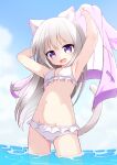  1girl absurdres animal_ear_fluff animal_ears armpits arms_up bikini breasts cat_ears cat_girl cat_tail cloud fang highres jacket jacket_removed long_hair mogura2009 open_mouth original outdoors pink_eyes pink_jacket silver_hair sky small_breasts smile solo swimsuit tail wading water white_bikini 