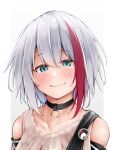  1girl admiral_graf_spee_(azur_lane) admiral_graf_spee_(daily_peaceful_life)_(azur_lane) azur_lane bangs bare_shoulders beige_sweater blue_eyes choker closed_mouth collarbone commentary_request eyebrows_visible_through_hair half-closed_eyes head_tilt highres multicolored_hair oriue_wato red_hair sidelocks silver_hair smile solo streaked_hair sweater_vest upper_body 