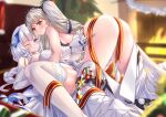  2girls ass azur_lane bare_shoulders blue_eyes blurry blurry_background bow_dress breasts candy candy_cane cocktail_dress dress dress_flower elbow_gloves eyebrows_visible_through_hair feather_dress feather_hair_ornament feathers food formidable_(azur_lane) formidable_(timeless_classics)_(azur_lane) gloves hair_ornament hair_wings highres illustrious_(azur_lane) illustrious_(illustrious_ball)_(azur_lane) kaidou_nora- large_breasts long_hair looking_at_viewer multiple_girls official_alternate_costume one_eye_closed platinum_blonde_hair red_eyes red_ribbon ribbon spread_legs strapless strapless_dress thighs twintails two-tone_dress two-tone_ribbon very_long_hair white_dress white_gloves 
