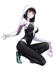  1girl absurdres aqua_footwear black_bodysuit black_hair bodysuit breasts brown_eyes closed_mouth commentary cosplay facial_mark full_body highres hood hood_up looking_at_viewer mac_star marvel medium_breasts medium_hair original simple_background smile solo spider-gwen spider-gwen_(cosplay) spider-man:_into_the_spider-verse spider-man_(series) squatting star_(symbol) star_facial_mark two-tone_bodysuit white_background white_bodysuit 