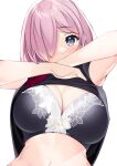  1girl bangs bare_shoulders black_bra black_dress blush bra breasts cleavage clothes_lift dress fate/grand_order fate_(series) hair_over_one_eye large_breasts light_purple_hair looking_at_viewer mash_kyrielight navel necktie netarou purple_eyes short_hair solo underwear 