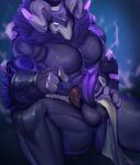  abs balls belt biceps bottomwear clothing genitals genshin_impact hi_res horn lawachurl loincloth male mane mostly_nude muscular muscular_male pecs penis purple_body purple_mane sitting small_leaf_art solo thunderhelm_lawachurl triceps video_games 