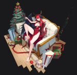  1girl absurdres alcohol barefoot bottle box character_request christmas_tree copyright_request couch dark_background doll drink full_body gift gift_box glass_bottle highres jason_kim nail_polish red_eyes red_hair red_nails solo_focus 