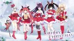  5girls animal_ears bare_shoulders black_hair blonde_hair blue_eyes breasts christmas cleavage closed_mouth date_a_live date_a_live:_spirit_pledge deer_ears dress eyebrows_visible_through_hair fake_animal_ears gloves hand_on_hip heterochromia highres itsuka_kotori long_hair looking_at_viewer mayuri_(date_a_live) multiple_girls official_art open_hand open_mouth purple_eyes purple_hair red_dress red_eyes red_footwear red_gloves red_hair red_skirt santa_costume short_hair skirt smile snow snowing tobiichi_origami tokisaki_kurumi twintails white_hair yatogami_tooka yellow_eyes 