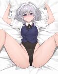  1girl absurdres blue_eyes blush braid covered_navel feet_out_of_frame grey_hair highres izayoi_sakuya looking_at_viewer lying m_legs maid_headdress medium_hair nose_blush on_back parted_lips solo sudako_(dai011305) touhou twin_braids 