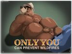  2021 anthro balls brown_body butt clothing debudraws english_text genitals hat headgear headwear hi_res male mammal overweight overweight_male penis small_penis smokey_bear solo text ursid 