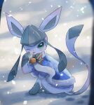  blue_cape blush bow cape commentary_request fur-trimmed_cape fur_trim glaceon green_eyes highres kikuyoshi_(tracco) no_humans one_eye_closed pokemon pokemon_(creature) signature sitting snow snowing solo tongue tongue_out 