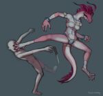  absurd_res anthro breasts claws clothing dragon duo female hair hi_res horn knife muscular non-mammal_breasts pink_body pink_hair scalie simple_background tussamag 