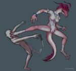  absurd_res anthro breasts claws dragon duo female genitals hair hi_res horn knife muscular nipples non-mammal_breasts nude pink_body pink_hair scalie simple_background tussamag 