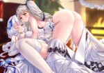 2girls ass azur_lane bare_shoulders blue_eyes blurry blurry_background bow_dress breasts cocktail_dress dress dress_flower elbow_gloves eyebrows_visible_through_hair feather_dress feather_hair_ornament feathers food formidable_(azur_lane) formidable_(timeless_classics)_(azur_lane) gloves hair_ornament hair_wings highres illustrious_(azur_lane) illustrious_(illustrious_ball)_(azur_lane) kaidou_nora- large_breasts long_hair looking_at_viewer multiple_girls official_alternate_costume one_eye_closed platinum_blonde_hair red_eyes ribbon spread_legs strapless strapless_dress thighs twintails two-tone_dress two-tone_ribbon very_long_hair white_dress white_gloves 