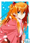  1girl bangs blue_background blue_eyes border brown_hair cherry_blossoms closed_mouth coat eyebrows_visible_through_hair hair_between_eyes headgear highres long_hair looking_at_viewer neon_genesis_evangelion open_clothes open_coat pink_coat ribbed_sweater shiny shiny_hair smile solo souryuu_asuka_langley sweater turtleneck turtleneck_sweater upper_body very_long_hair white_border white_sweater yamayoshi 