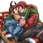  2boys alternate_costume alternate_skin_color antlers arm_grab bara beard blue_eyes blue_jacket boots brown_hair christmas clothes_writing commission couple dark-skinned_male dark_skin english_text eye_contact facial_hair fake_beard fake_facial_hair fate/grand_order fate_(series) fur-trimmed_jacket fur_trim goatee green_scarf hand_on_another&#039;s_face hood hooded_jacket imminent_kiss iskandar_(fate) jacket kemonomimi_mode knee_boots leather leather_boots leather_pants long_sideburns looking_at_another male_focus mature_male multiple_boys muscular muscular_male napoleon_bonaparte_(fate) noses_touching pants red_eyes red_hair red_jacket reindeer_antlers revision scarf shared_scarf shirt short_hair sideburns sitting sitting_on_lap sitting_on_person skeb_commission sleigh smile snowing spread_legs sunfight0201 thick_thighs thighs white_shirt yaoi 